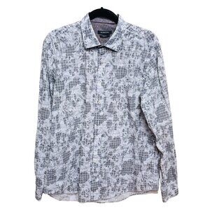 Bugatchi Long Sleeve Flip Cuff Shaped Fit Shirt Gray Floral Leaves Large